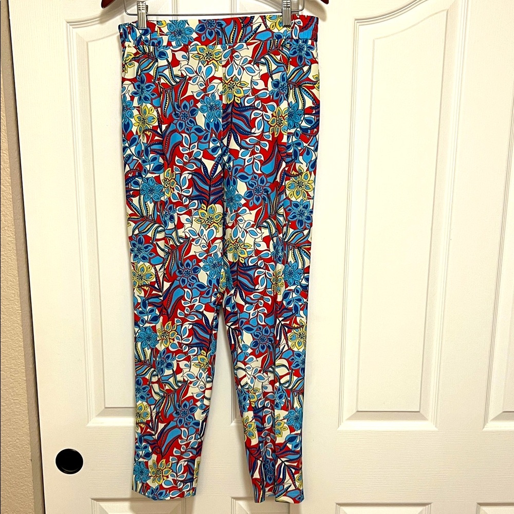 Imported Floral Print Polyester Pants with Red and Blue Accents - France - L